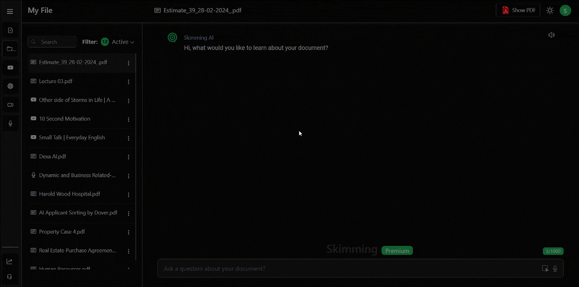 Demo of Skimming AI tool for chat with PDFs, documents, and videos, providing summaries and info